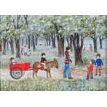 Brenda King (1934-2011) 'Donkey Ride, Tuilerie Gardens', oil on board, signed and dated '75, 13cm