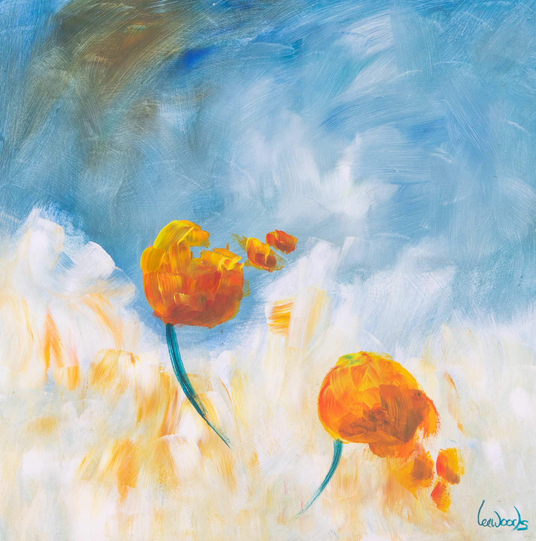 Lee Woods (b.1964) 'Orange Tulips', signed oil on board, 61cm x 61cm, unframed. - Image 2 of 2