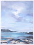 Nuala Taylor, acrylic on canvas 'Batten Bay, Plymouth' June 2022, 40cm x 30cm, framed. Nuala Taylor,