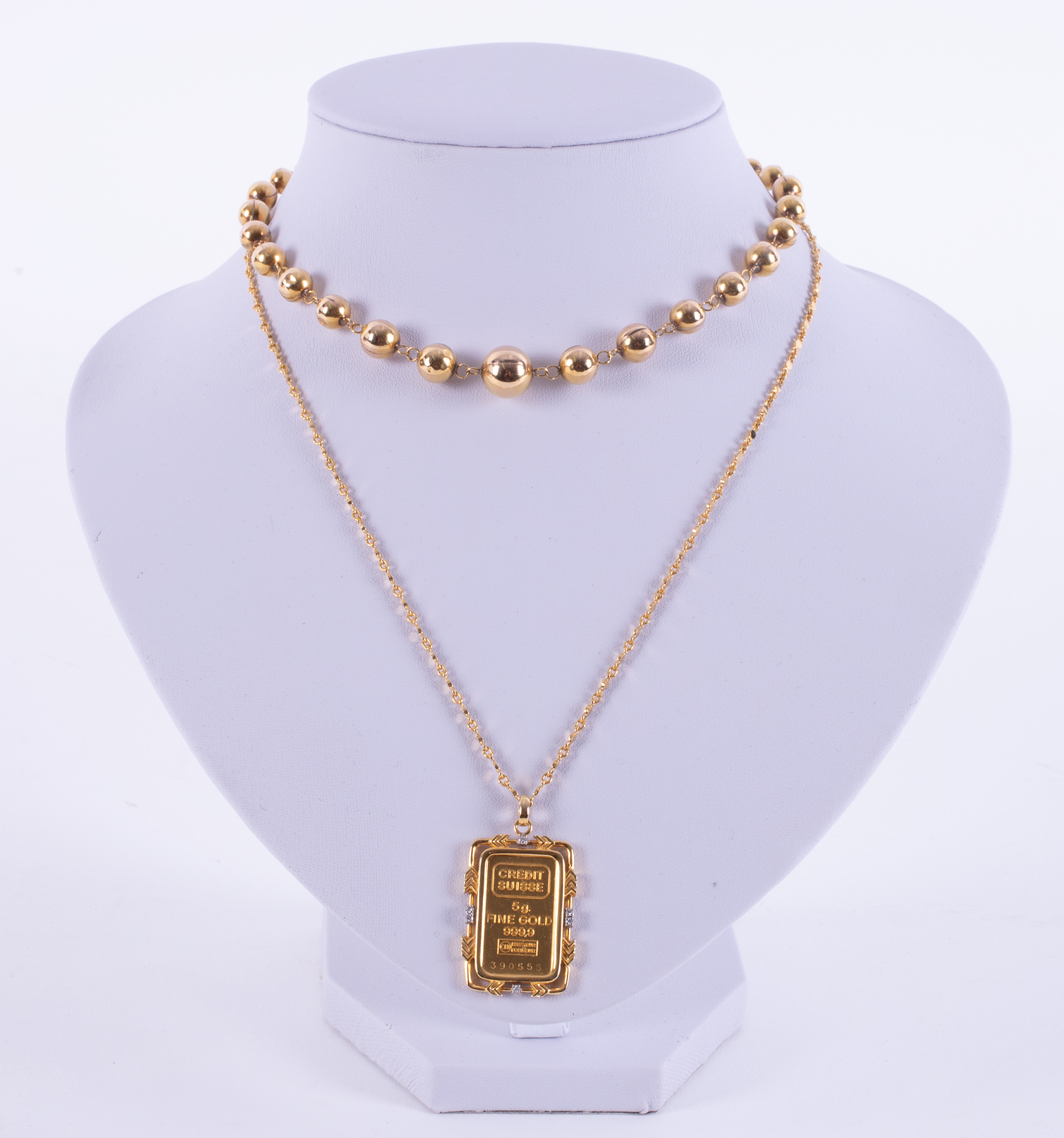 A 24ct yellow gold 19" fancy link chain stamped '916', 6.78gm with a 5g Fine Gold 999.9 Credit