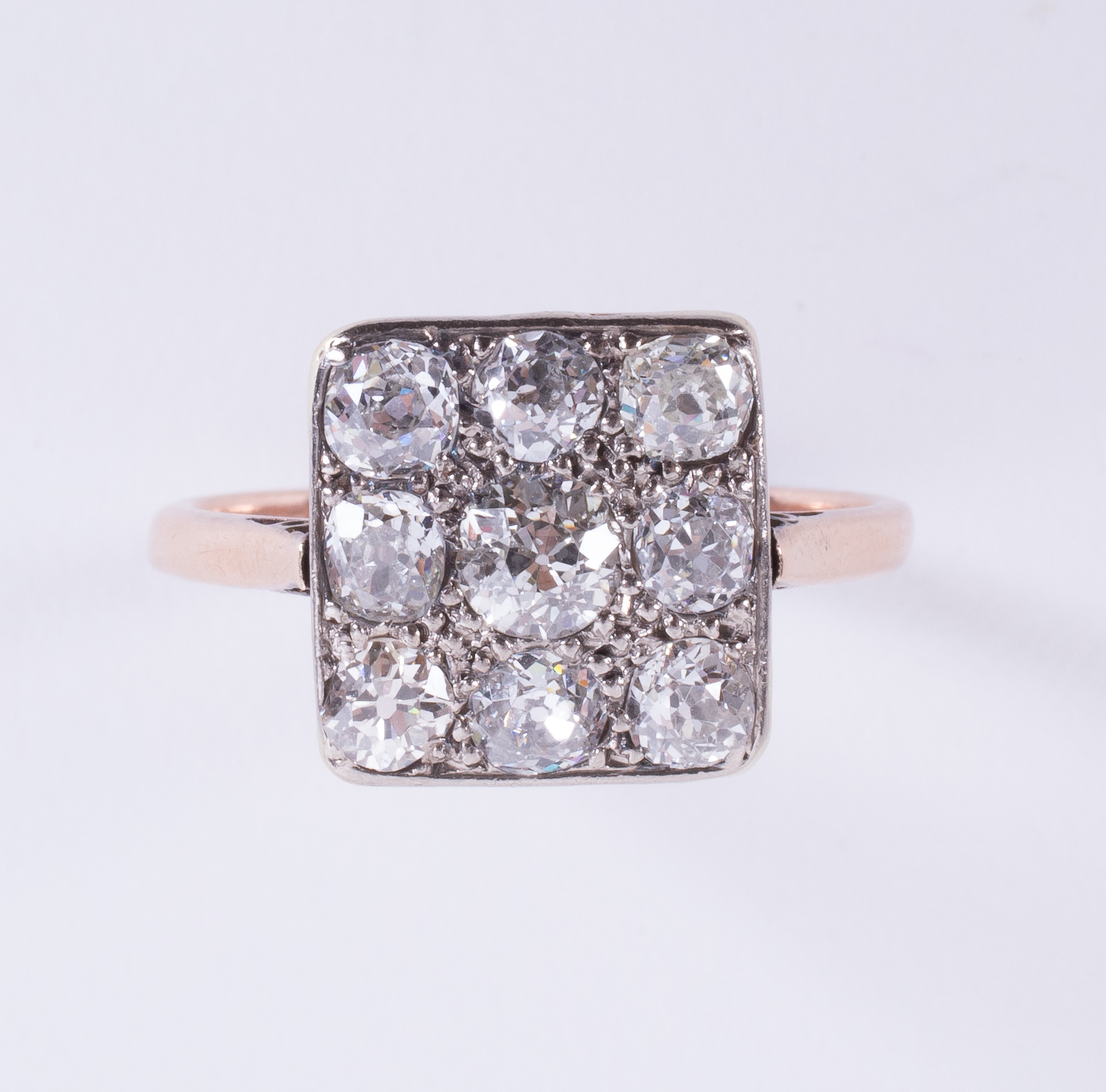 An antique rose & yellow gold & platinum (not hallmarked or tested) square designed