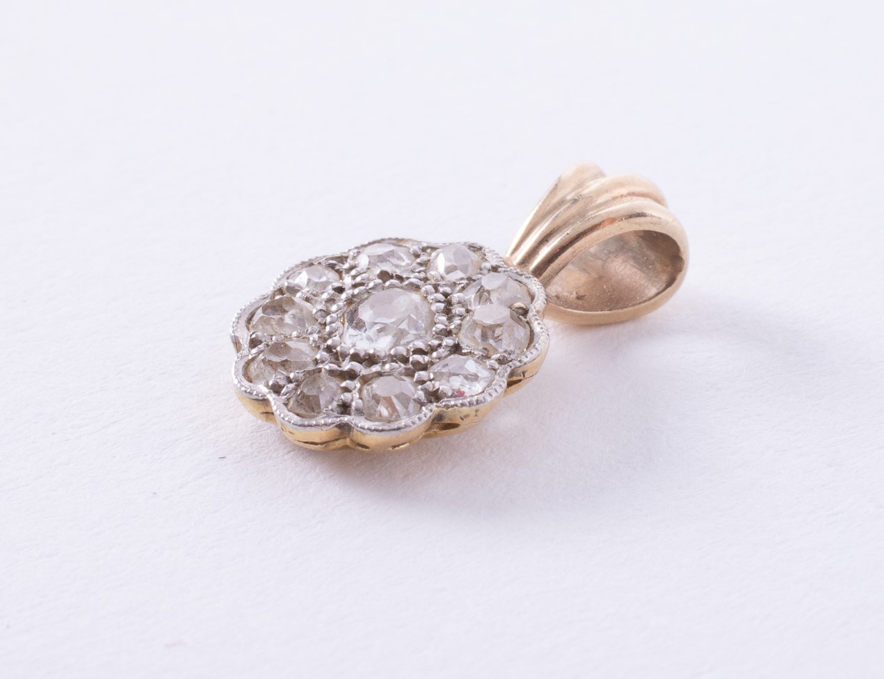 A 14k yellow & white gold flower design pendant set with old round cut diamonds, total diamond - Image 2 of 2