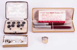 A mixed lot to include a boxed Parker pen '51' set, a heavy gauge white metal (markings indistinct &
