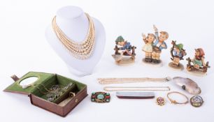 A mixed collection costume jewellery, 9ct yellow gold seed pearl bangle, brooches etc also four