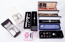 A mixed collection of fashion jewellery, charm bracelets and trinkets, also fashion watches
