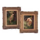 Two framed oil on boards studies of nude ladies, unsigned, 23cm x 16cm.