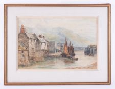 An English School watercolour, not signed, sailboats by harbour, (foxed?), 31cm x 49cm, framed and