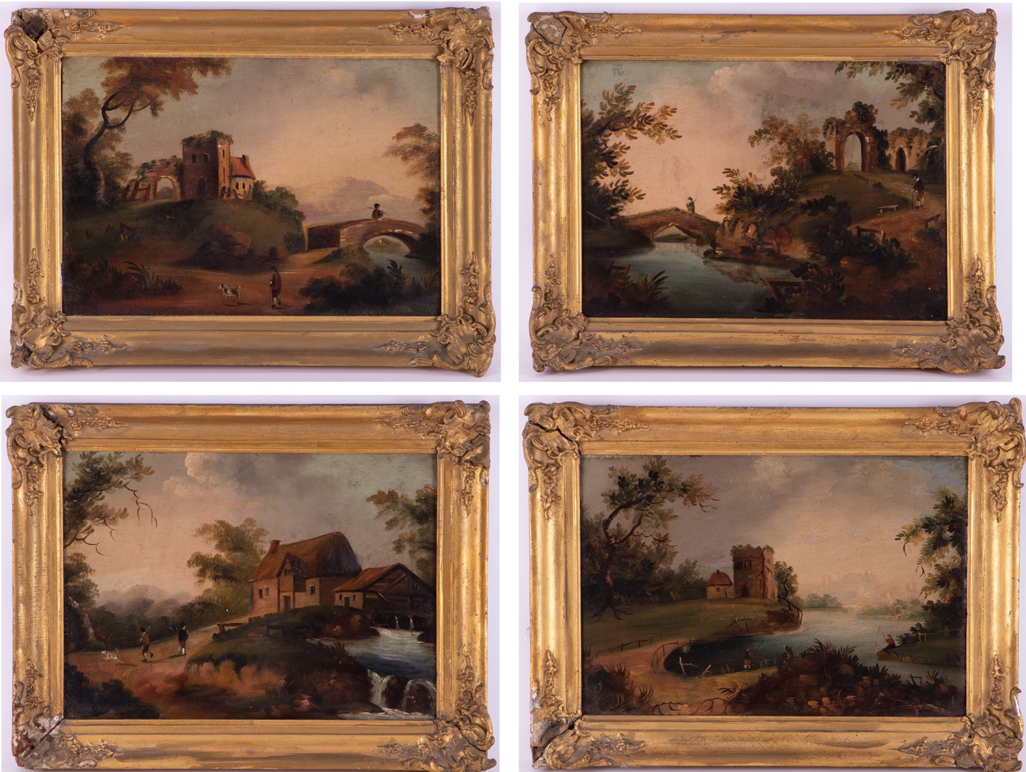 A set of four 18th/19th century oil paintings in gilt frames, possibly Dutch, not signed, 25cm x