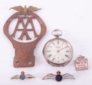 A mixed collection to include early AA cycle badge number 677685, silver pocket watch, RAF '