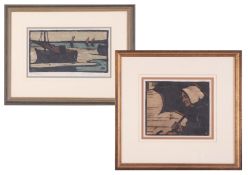 Two Miriam Deane woodblock pictures including 'Boats' inscribed to the reverse 'Exhibited London,