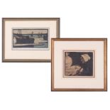 Two Miriam Deane woodblock pictures including 'Boats' inscribed to the reverse 'Exhibited London,
