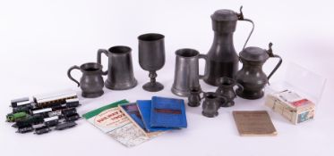 A mixed lot of antique pewter, miniature model Railway trade cards, booklet Rifle Training for