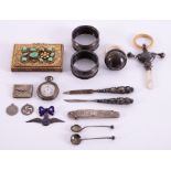 Small collection of mixed silver items including pen knife, baby rattle, napkin rings etc.