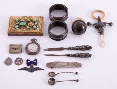 Small collection of mixed silver items including pen knife, baby rattle, napkin rings etc.