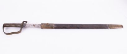 A 19th century boarding cutlass sword with leather scabbard, marked WD 35, 2'92, length including