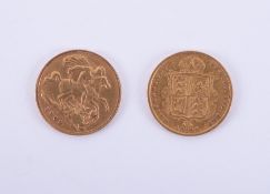 Two gold half sovereigns, 1887 and 1903.