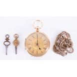 An ornate 18ct yellow gold antique fob watch, maker Bromly? Halifax, No 8764, signed to the fusee