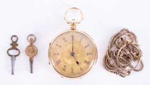 An ornate 18ct yellow gold antique fob watch, maker Bromly? Halifax, No 8764, signed to the fusee