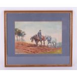 Mabel Amber Kingwell (1890 -1924), 'Farmer and Two Horses' signed watercolour, 26cm x 37cm, framed