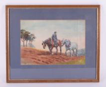 Mabel Amber Kingwell (1890 -1924), 'Farmer and Two Horses' signed watercolour, 26cm x 37cm, framed