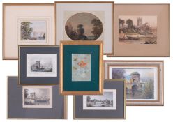 A collection of various prints and plates including Hammersmith Suspension Bridge and other views of