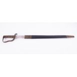 A 19th century boarding cutlass sword with leather scabbard, marked WD B 19, 1188, length