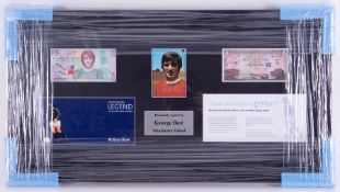 A framed signed George Best montage, with two genuine banknotes The five pound note number 5560