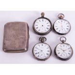 A silver cigarette case, Birmingham circa 1913 together with four open face pocket watches including