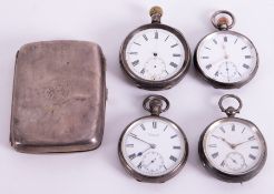 A silver cigarette case, Birmingham circa 1913 together with four open face pocket watches including
