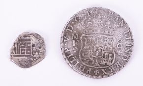 A Spanish pillar dollar 1736, together with an antique coin, possibly Greek.