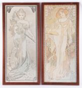 A set of four decorative prints by Mucha, 60cm x 29cm, framed and glazed.