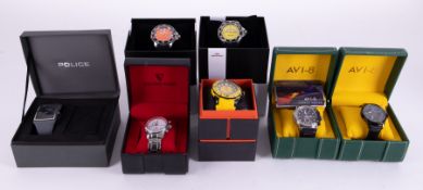 Seven modern as new gent's wristwatches including Police, Veloci, AV18, (2), Seapro, (2) and Adee