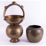 A large heavy brass bowl together with a large oriental brass vase with handle, height 72cm (2).