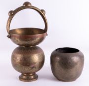 A large heavy brass bowl together with a large oriental brass vase with handle, height 72cm (2).