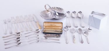 A collection of silver plated wares to include spoons, caster, nut cracker, trefoil dish etc.