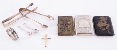 A small collection of silver tongs, cigarette case and a 9ct yellow gold cross approx 2.3g.