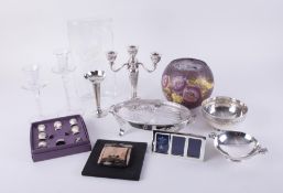 A mixed collection including silver plated items, purple glass rounded vase indistinctly signed
