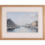 Georges Villain (1854-1930), signed watercolour Continental river scene, 32cm x 49cm, framed and