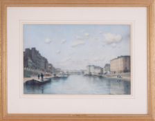 Georges Villain (1854-1930), signed watercolour Continental river scene, 32cm x 49cm, framed and
