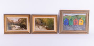 Three pictures including Judith Davies 'Beach Huts' signed JD 98, 30cm x 39cm, framed with