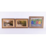 Three pictures including Judith Davies 'Beach Huts' signed JD 98, 30cm x 39cm, framed with