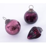 Three small Antique purple glass christmas decorations (german).