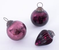 Three small Antique purple glass christmas decorations (german).