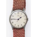 Omega, a gents white metal wristwatch with arabic dial on brown strap.