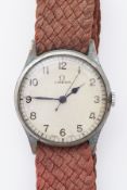 Omega, a gents white metal wristwatch with arabic dial on brown strap.