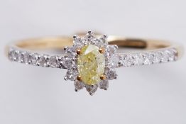 A 9ct yellow & white gold cluster style ring set with a central oval cut yellow diamond,
