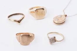 A mixed lot to include a 9ct yellow gold signet ring, 8.06gm, size Q 1/2 to R, another