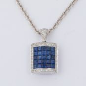 An 18ct white gold square design pendant set with 2.50 carats of sapphires and surrounded by 0.32