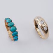 An antique seven stone ring set with oval cabochon cut turquoise, engraved shoulders & band, (no