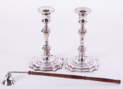 A pair of modern silver candlesticks, height 20cm, together with a silver effect and wood turned
